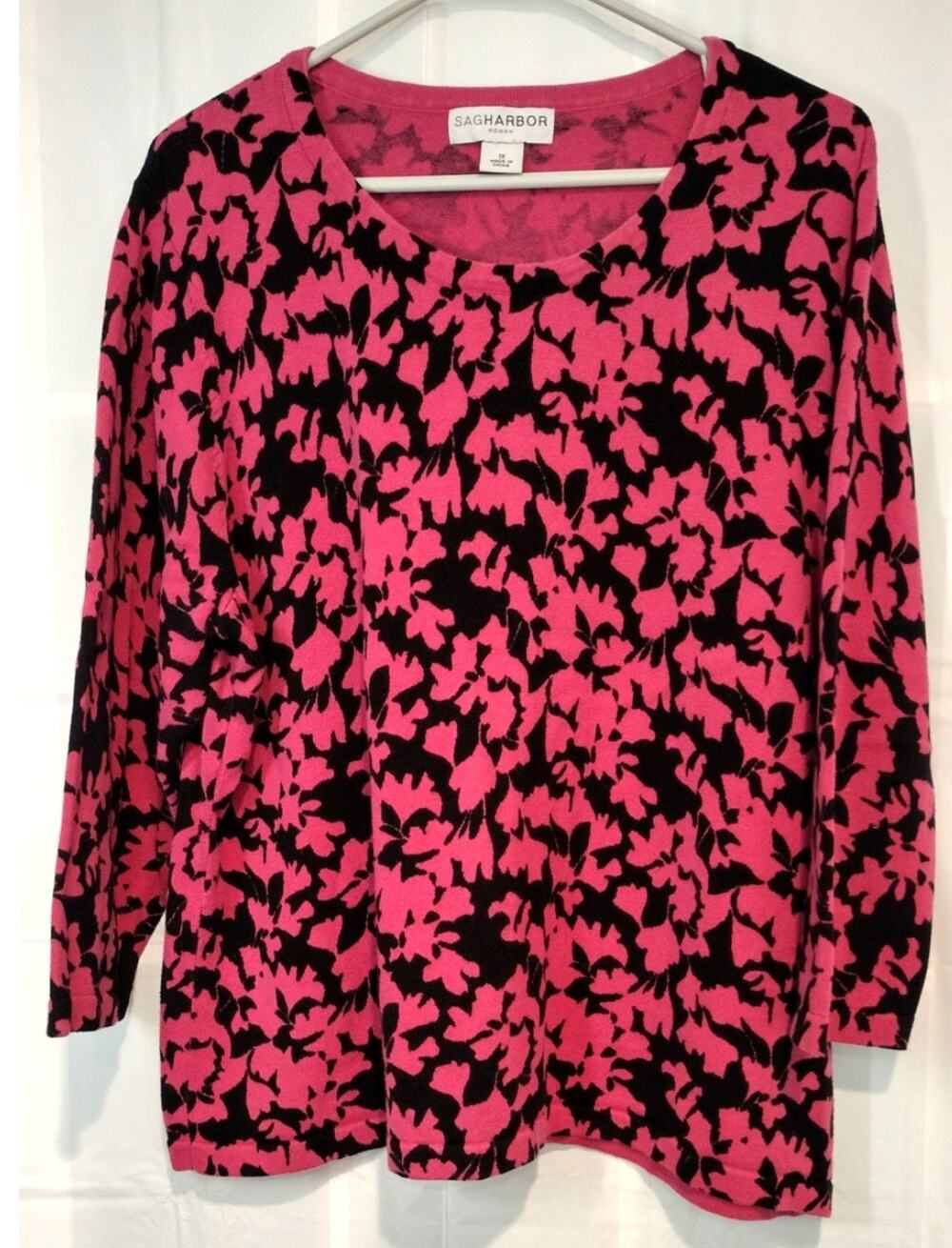 Sag Harbor 1X Pink Black Knit Sweater 3/4 Sleeve Casual Fall Grandma Whimsigoth
